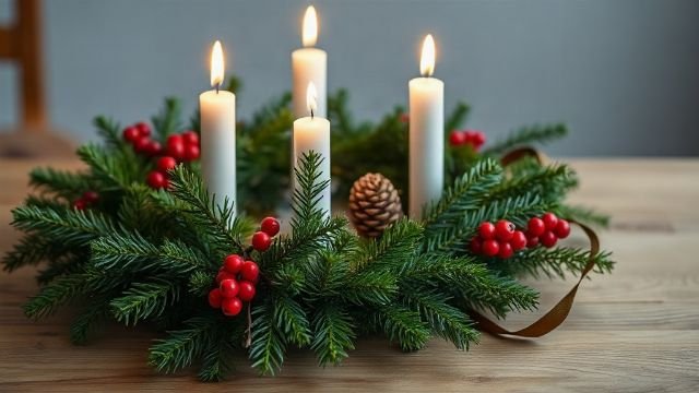 Traditional Advent wreath with four candles and evergreen branches.