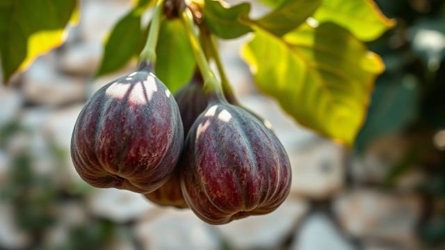 Ripe figs growing on a tree branch in a sunny Mediterranean setting.