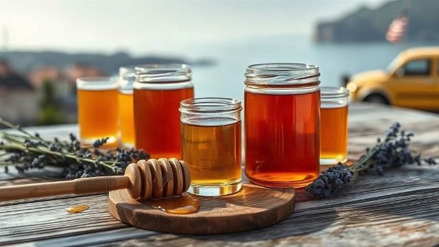 A rustic wooden table with jars of golden honey and a wooden honey dipper, surrounded by lavender sprigs.