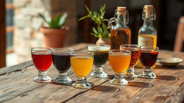 A selection of small glasses filled with different coloured Croatian liqueurs on a wooden table.