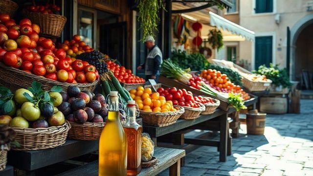 Stalls of fresh seasonal fruit and vegetables at an open-air market