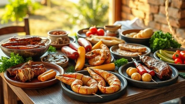 Traditional Croatian dishes served on a rustic wooden table