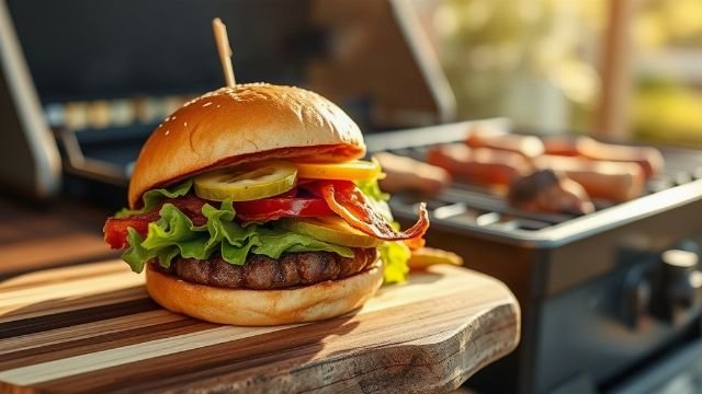 A grilled burger on a barbecue