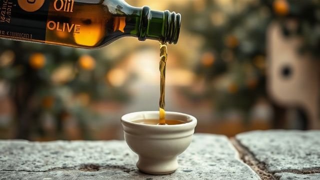 Golden olive oil being poured into a small tasting glass on a stone table