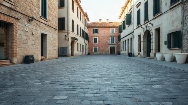 Empty cobblestone square in a historic Croatian town with closed shutters