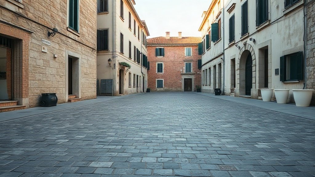 Empty cobblestone square in a historic Croatian town with closed shutters
