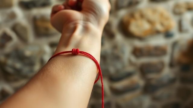 A red string tied around a wrist