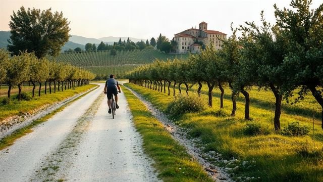 A cyclist on a gravel path through green Istrian countryside with vineyards and hills