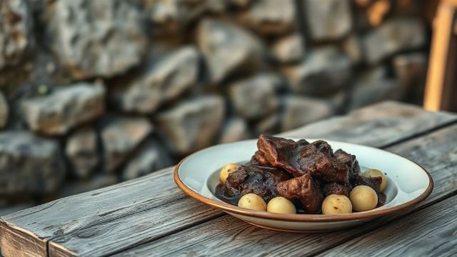 A plate of slow-cooked beef in dark sauce served with gnocchi on a rustic wooden table