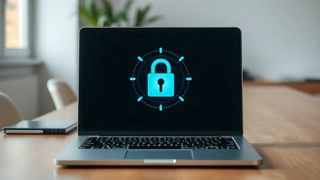 Laptop with lock icon symbolizing data security