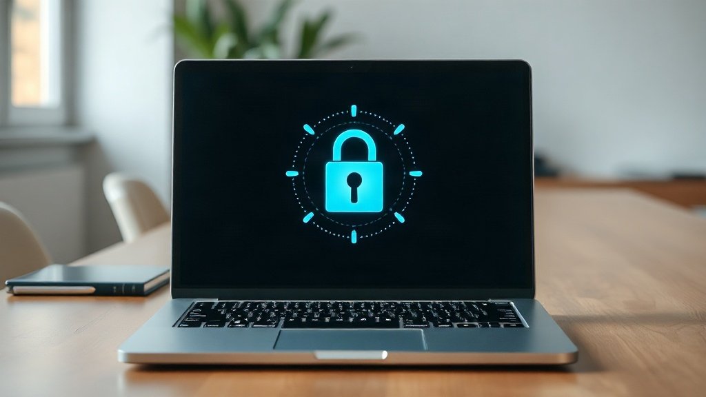 Laptop with lock icon symbolizing data security