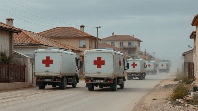 A humanitarian aid convoy moving through a war-damaged street in Ukraine