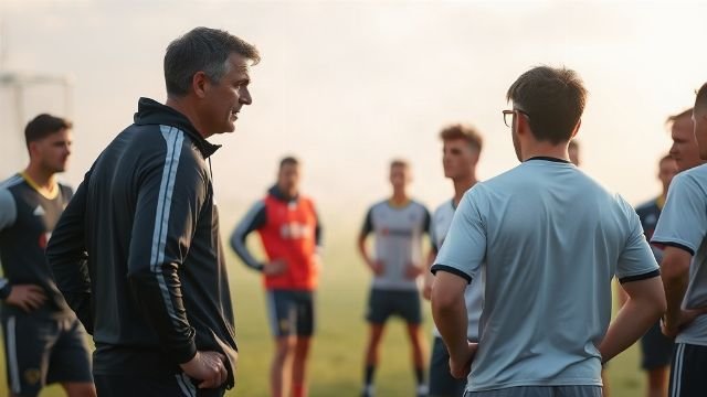 A football coach oversees a training session on a pitch