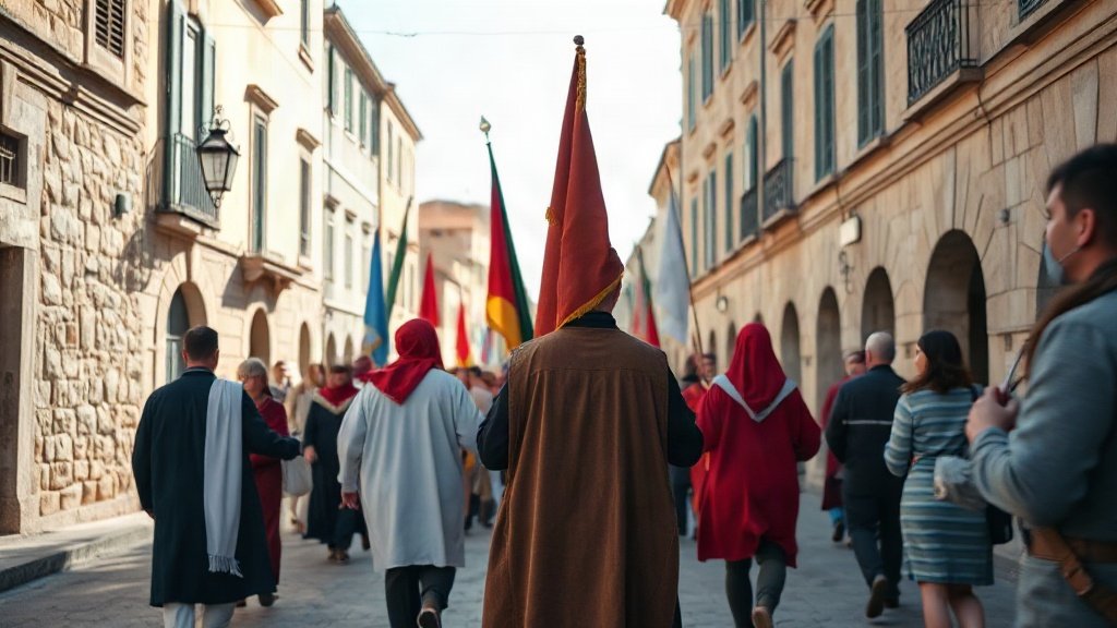 Crowd watching a religious procession in Dubrovnik's main street