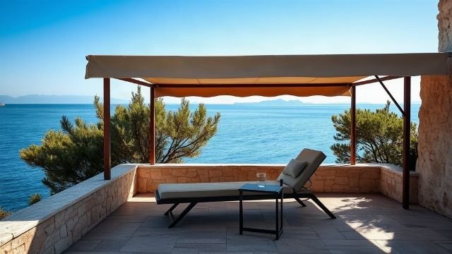 A quiet stone bench overlooking the Adriatic Sea on a sunny afternoon
