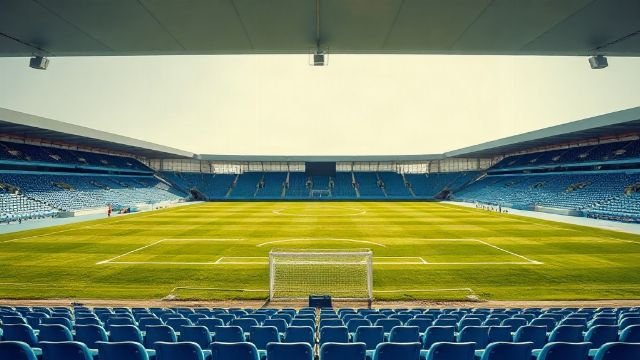 Empty football stadium with green pitch and stands