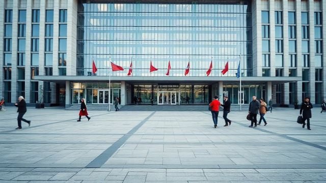 Modern government building in Brussels with people walking nearby