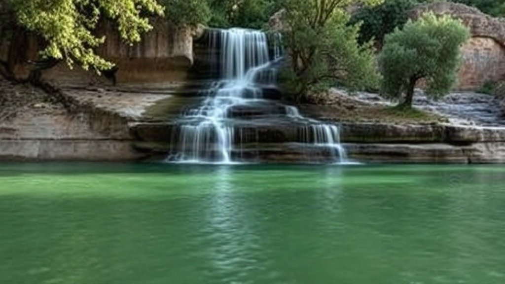 A wide waterfall cascading over travertine rocks into a clear green pool, surrounded by lush vegetation.
