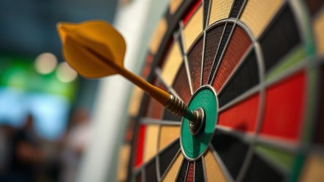 Close-up of a dart hitting the bullseye on a dartboard