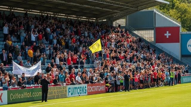 Fans celebrating a goal in a packed football stadium.