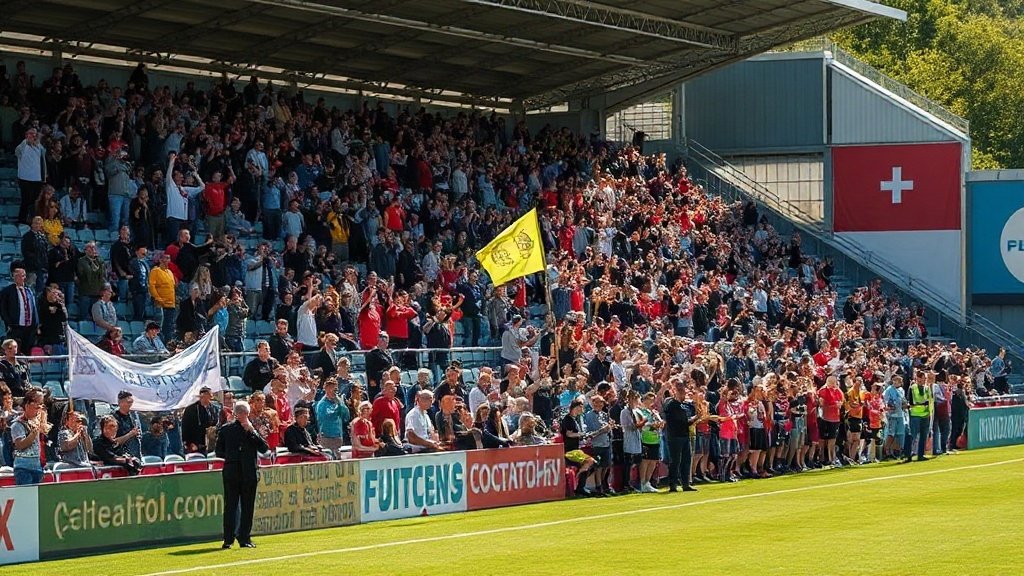 Fans celebrating a goal in a packed football stadium.