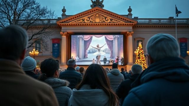 Crowd watching a ballet screening on a large screen in front of a theatre building