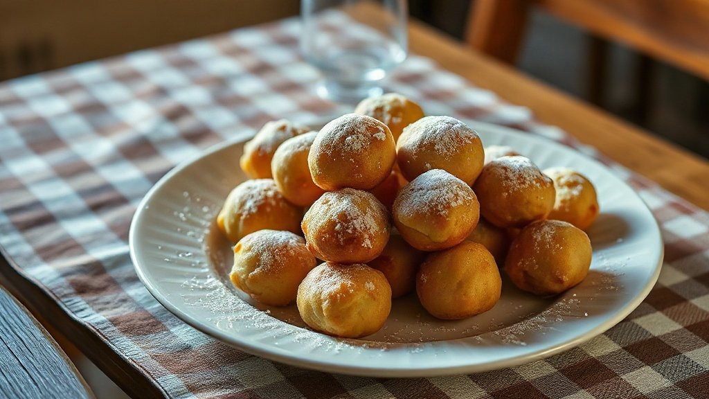 Plate of fritule dusted with powdered sugar