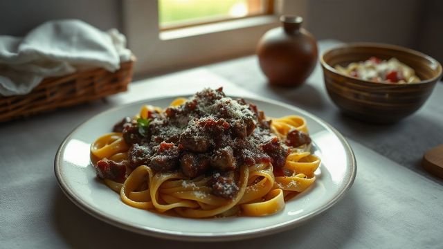 A plate of fuži pasta with a rich meat sauce