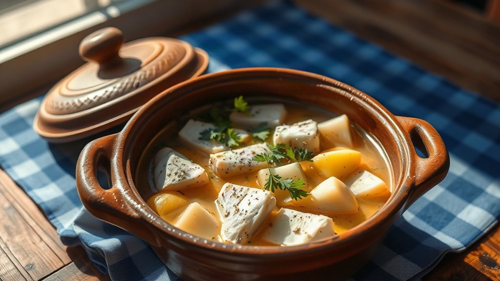 Gregada fish stew in a clay pot with white fish and potatoes