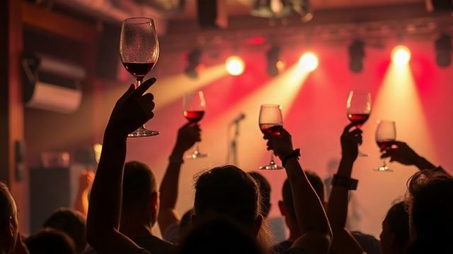 Crowd at a music venue raising wine glasses in celebration