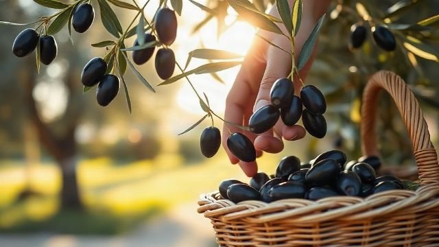 Hands picking ripe olives from a branch into a basket