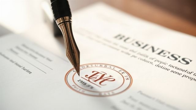 A close-up of a pen resting on an open business document with a legal seal