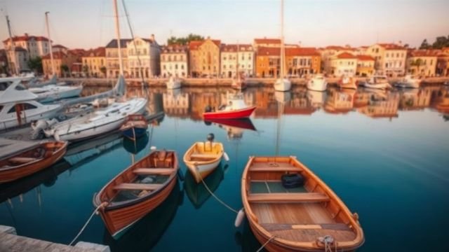 A quiet Adriatic harbour with moored boats and stone buildings in warm evening light