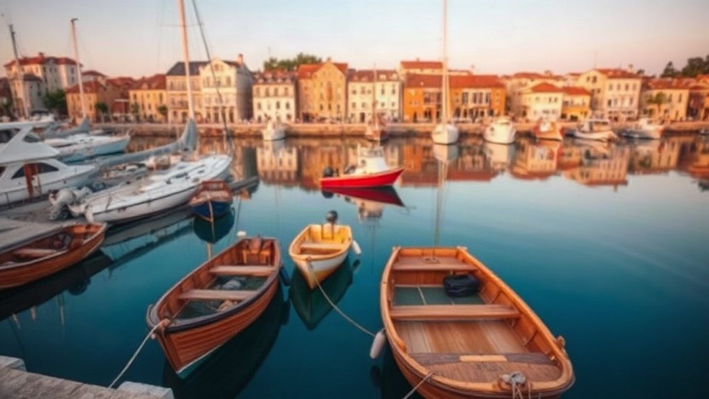 A quiet Adriatic harbour with moored boats and stone buildings in warm evening light