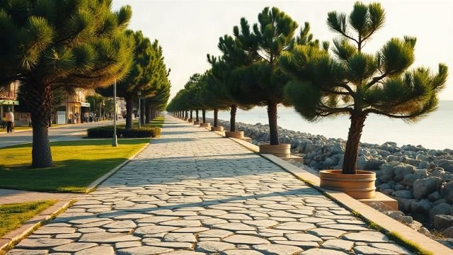 People walking along a sunlit seaside promenade in the morning