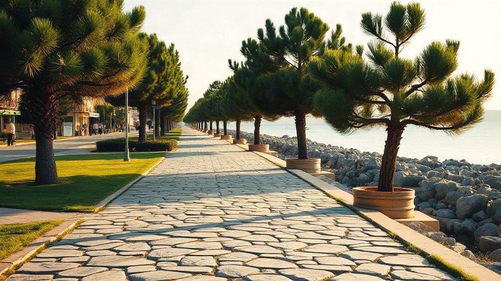 People walking along a sunlit seaside promenade in the morning