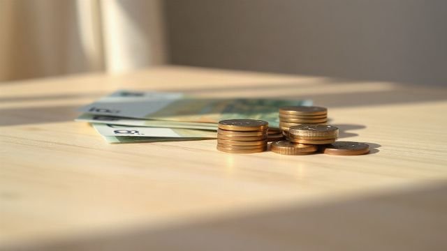 Euro banknotes and coins on a table, representing monthly income for a comfortable life.