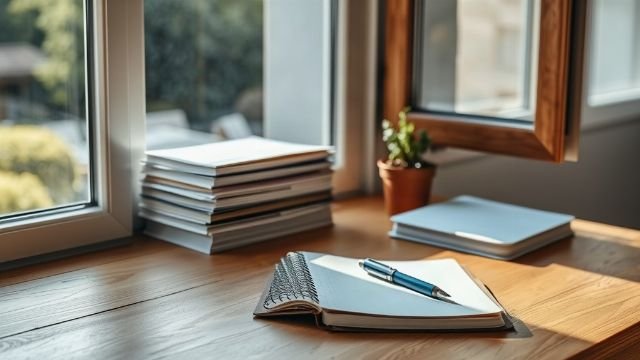 A tidy desk with paperwork, a notebook and a pen in natural daylight