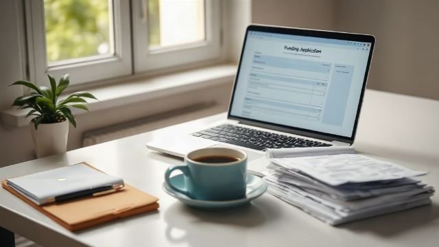 Business documents and a laptop on a desk with EU flag in background