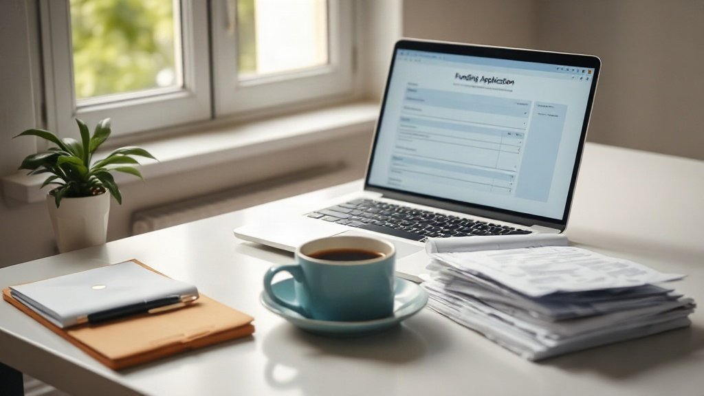 Business documents and a laptop on a desk with EU flag in background