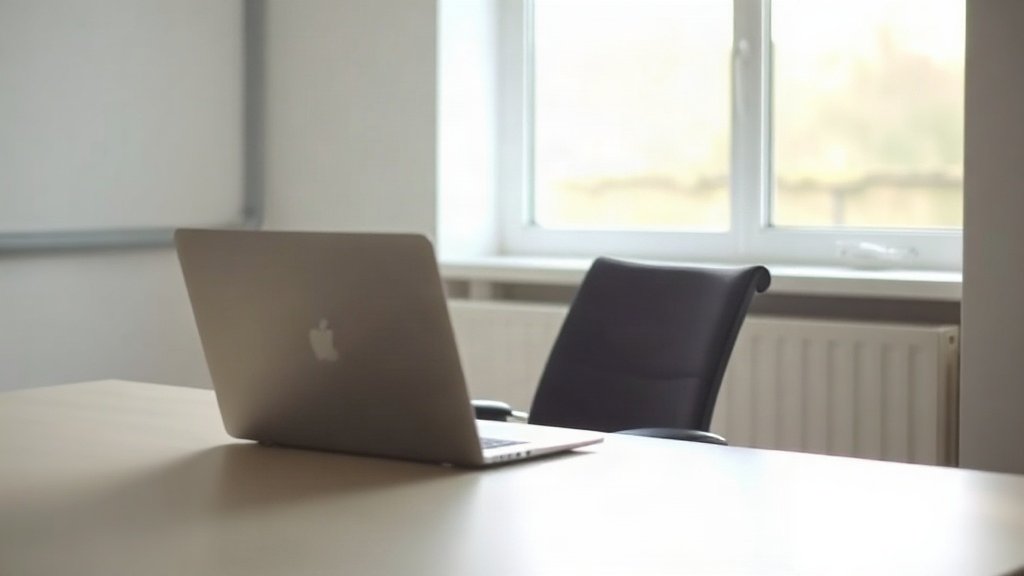Empty office desk with a closed laptop