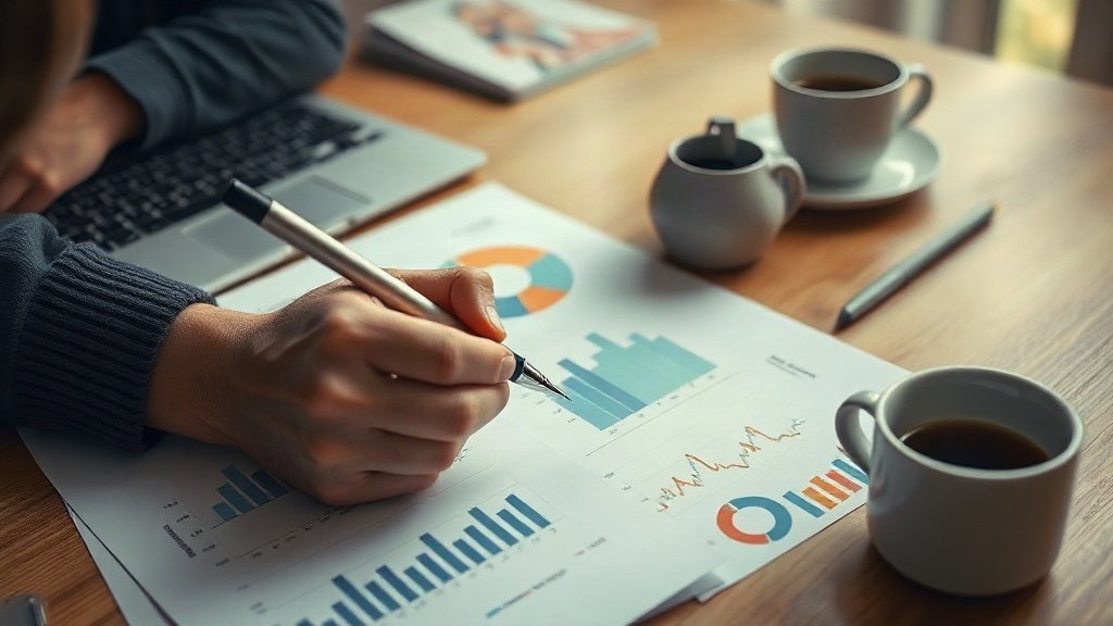 Hands pointing at printed charts and graphs on a table