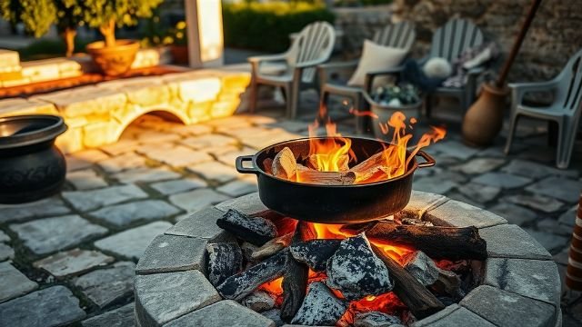 Traditional Croatian peka cooking under a metal bell with hot embers