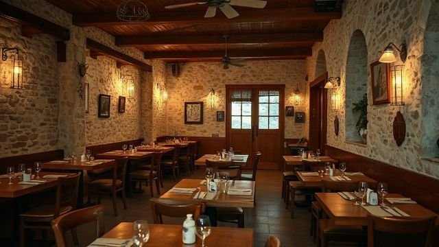 Interior of a traditional Croatian konoba with wooden tables, stone walls, and warm lighting.