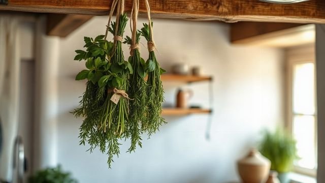 Bunches of fresh herbs hanging upside down to dry in a bright kitchen