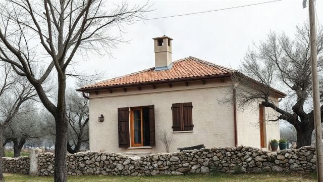 Traditional stone house with wooden shutters on a quiet winter day in the Croatian countryside