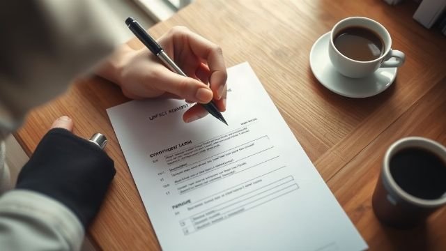 Hands holding a pen over a blank form on a desk