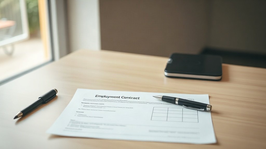 A desk with an employment contract and pen, representing hiring an employee