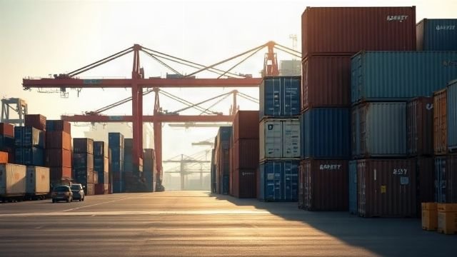 Shipping containers stacked at a port