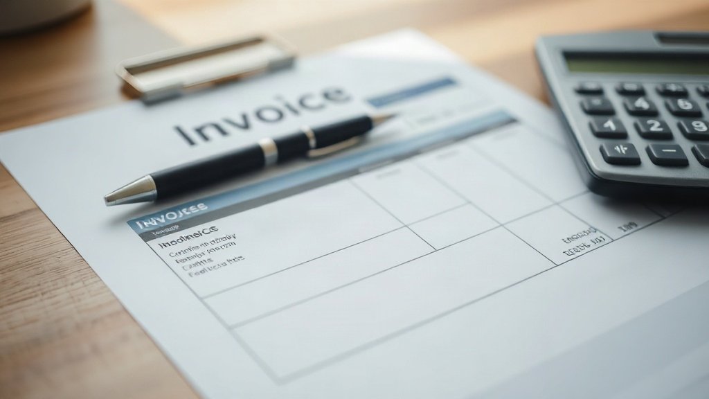 An invoice document with a pen and calculator on a desk.